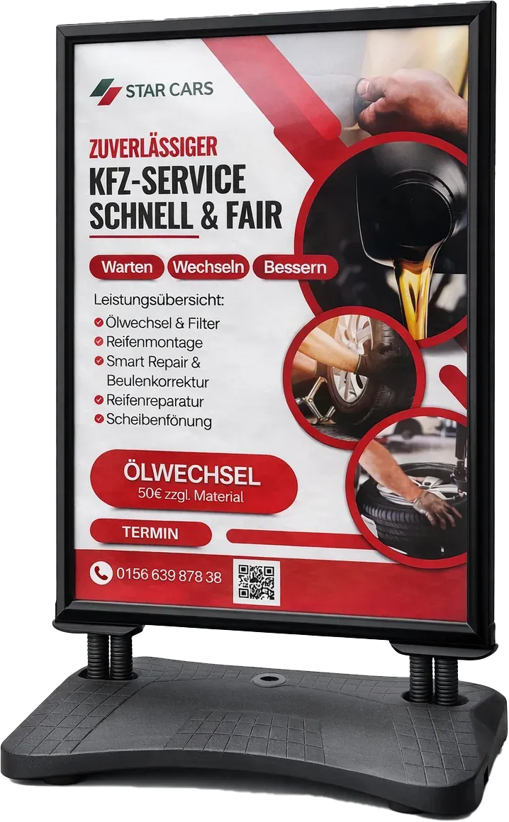 DIN-A0 Kundenstopper „Zuverlässiger KFZ-Service" mit Service-Schwerpunkten und Ankerpreisen (z. B. Ölwechsel inkl. Material).