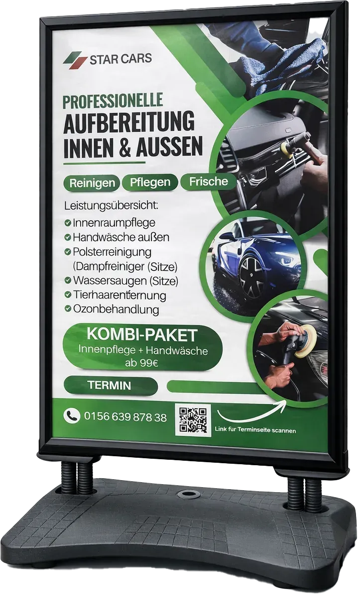 Zweiter Kundenstopper mit Fokus auf Reifenwechsel und Pkw-Aufbereitung — gleiche Designsprache, anderer Service-Schwerpunkt.