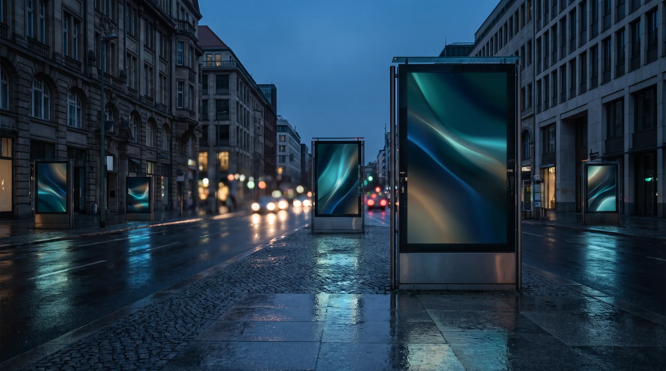 Digitale Out-of-Home-Screens im Stadtraum — zentral über das Signage-Backend bespielt statt Screen für Screen.