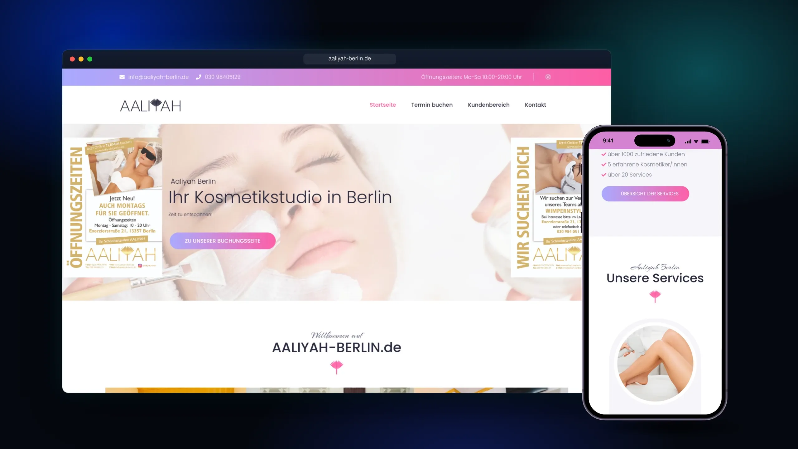 Einblick ins Studio — Ambiente und Leistungsüberblick auf der Website.