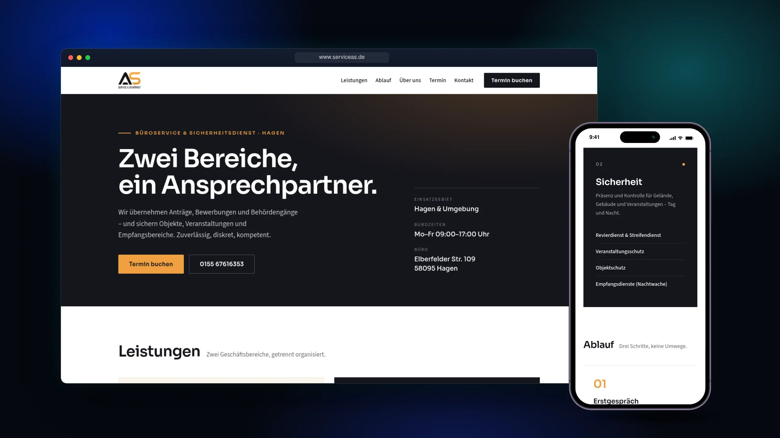 Gestaltet im vorhandenen Erscheinungsbild des Kunden: Logo und Hausfarben, dazu Einsatzgebiet, Bürozeiten und Adresse direkt im Einstieg.