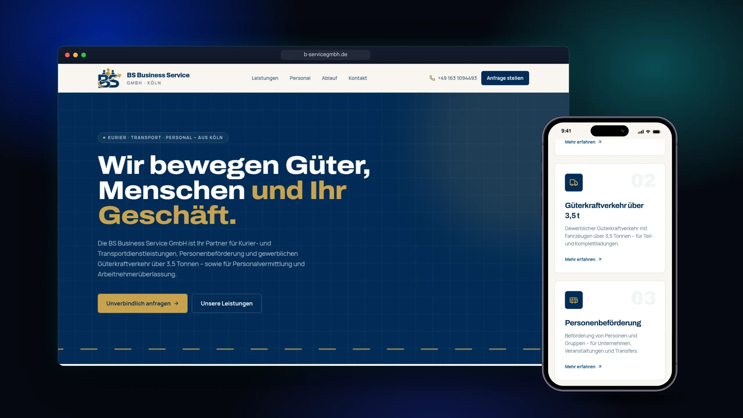 Marineblau und Gold aus dem neuen Logo tragen die ganze Seite — mit einem abgedunkelten Goldton, der auch auf hellem Grund WCAG AA erfüllt.