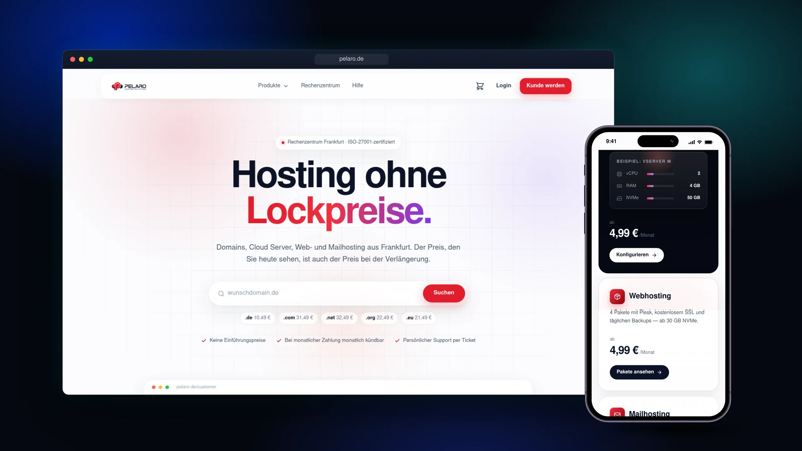 Die Startseite von pelaro.de — Domain-Suche direkt im Einstieg und Preise, die auch bei der Verlängerung gelten.