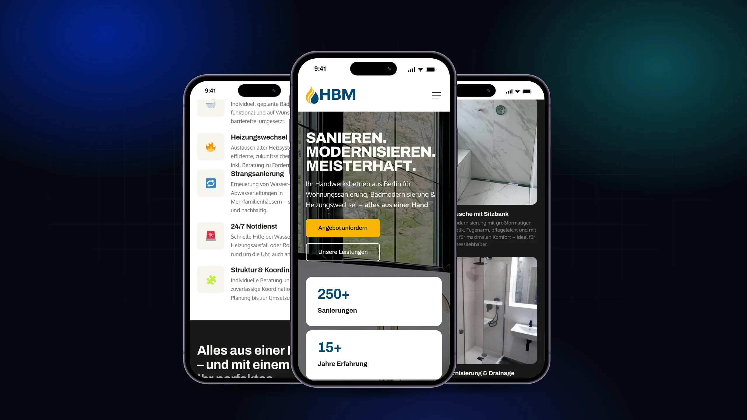 Mobil genauso klar wie am Rechner — Leistungen und Kontakt sind auf dem Smartphone mit einem Daumen erreichbar.