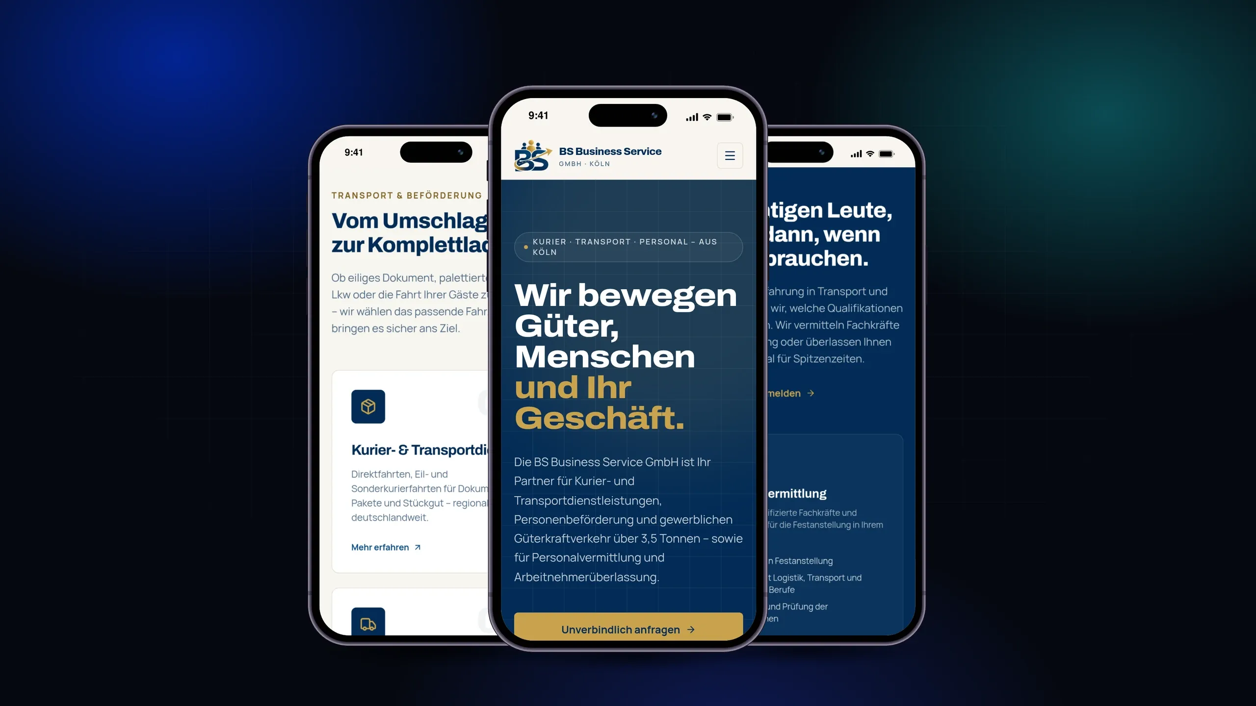 Mobil von Anfang an mitgedacht — Leistungen, Personalbereich und Anfrage sind auf dem Smartphone genauso schnell erreichbar wie am Rechner.