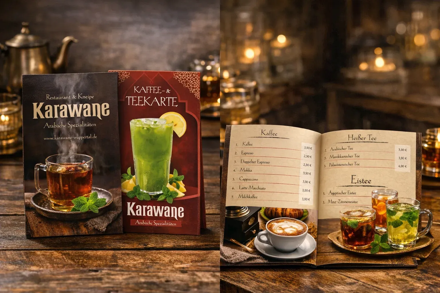 Separate Kaffee- & Teekarte — gleiche Drucksprache, kleineres Format für die Tisch-Auflage.